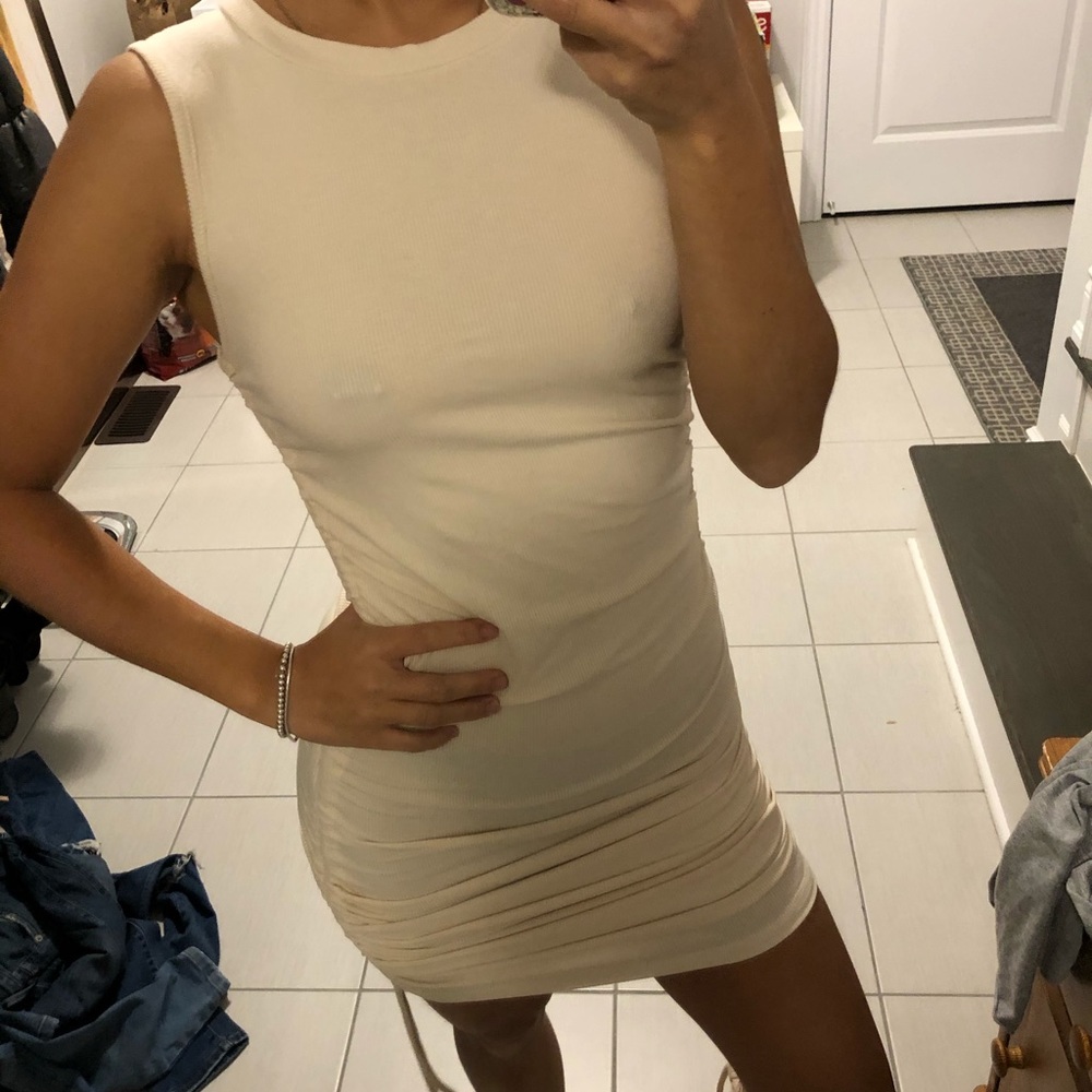 Ruched ribbed ivory dress